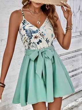 Floral V-Neck Romper with Mint Tie Waist